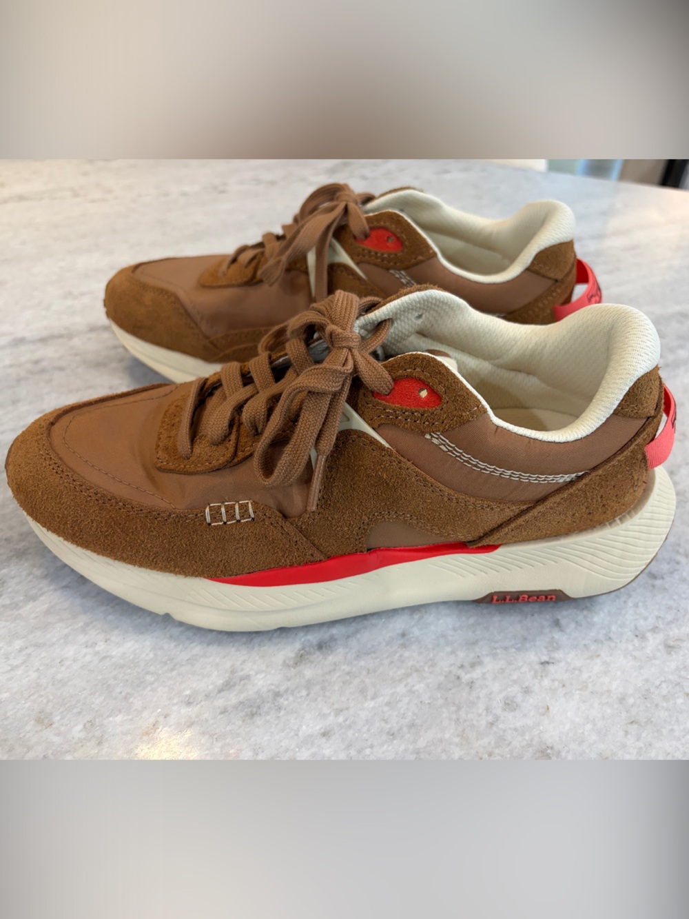 L.L. Bean Brown Suede & Leather Sneakers with Red Details